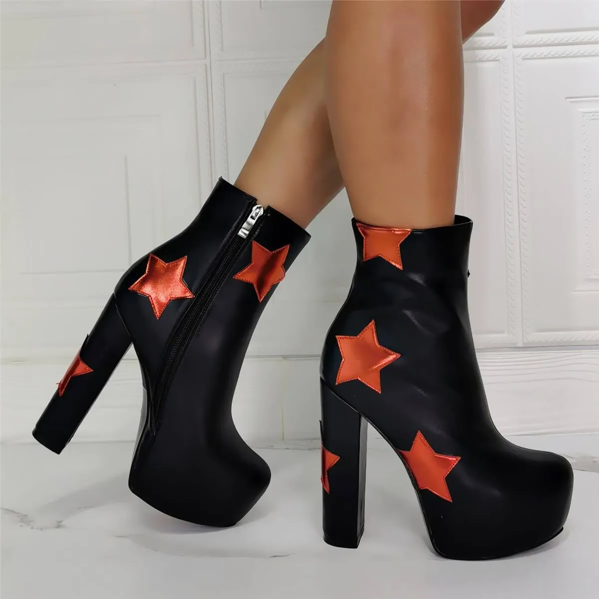 Black PU Platform Star High Heel Ankle Boots