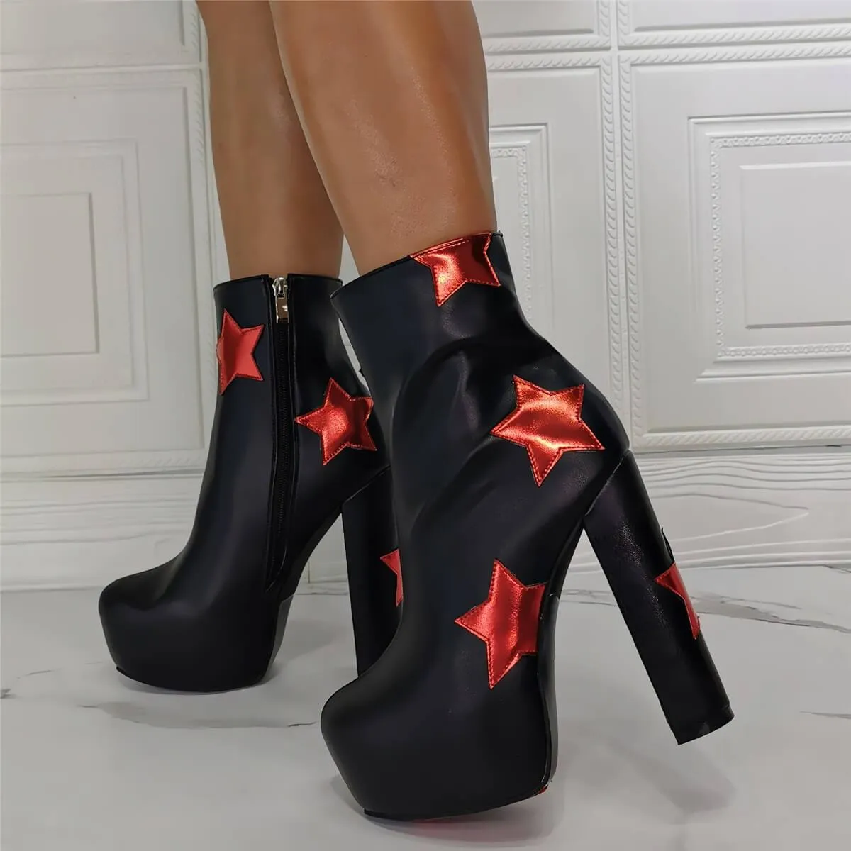 Black PU Platform Star High Heel Ankle Boots