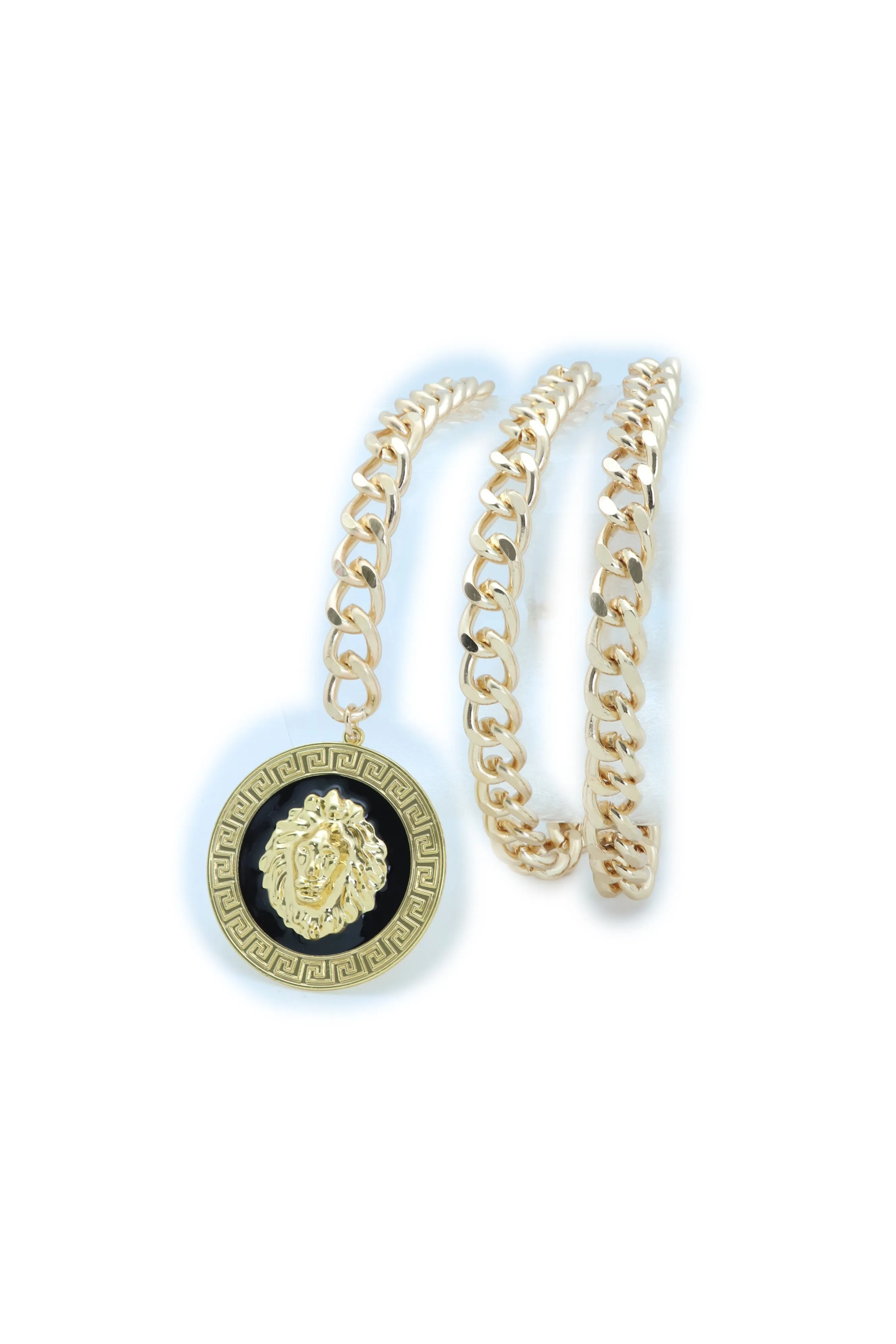 Gold Metal Skinny Chain Belt With Large Lion Medallion Pendant