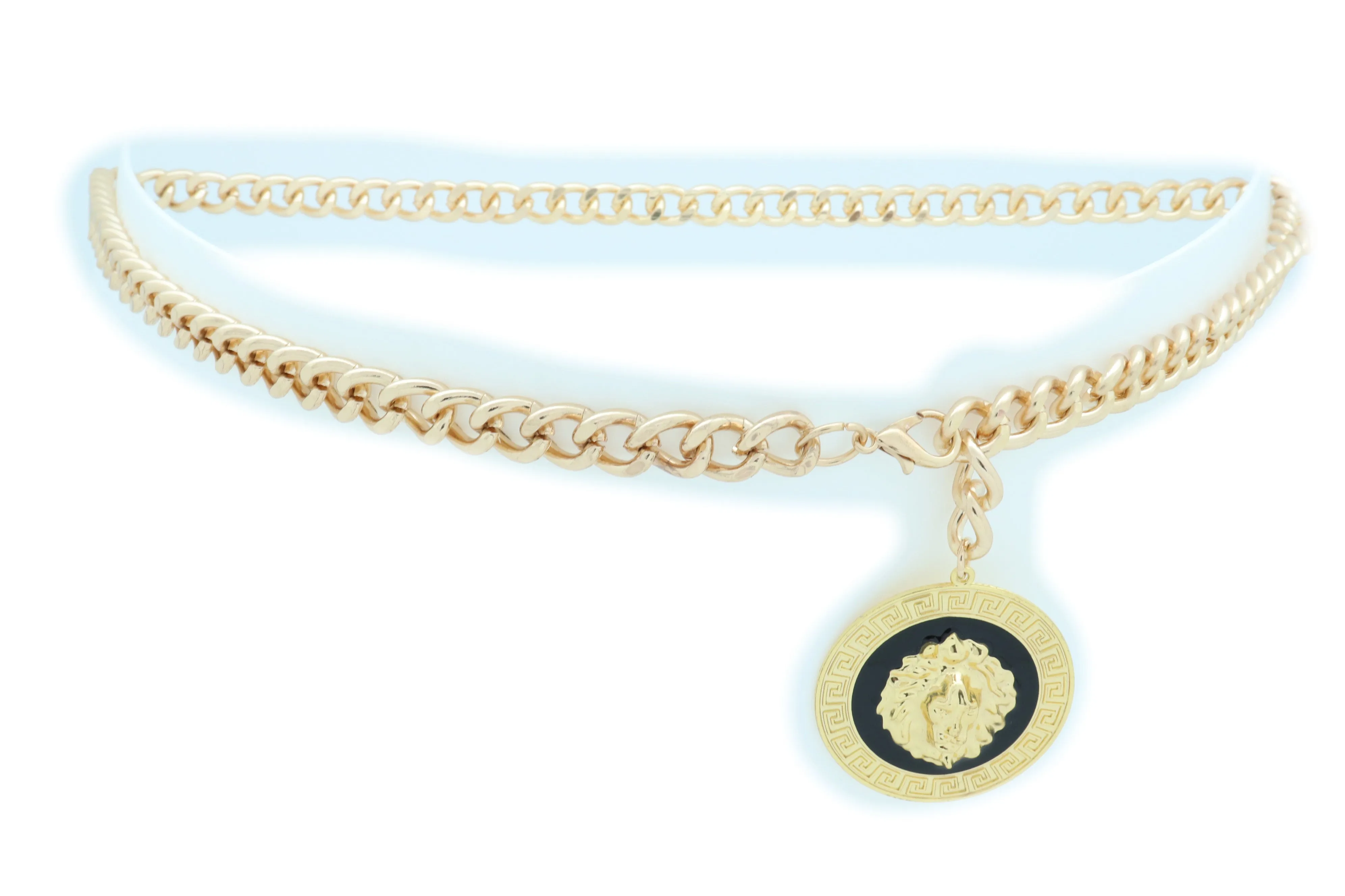 Gold Metal Skinny Chain Belt With Large Lion Medallion Pendant