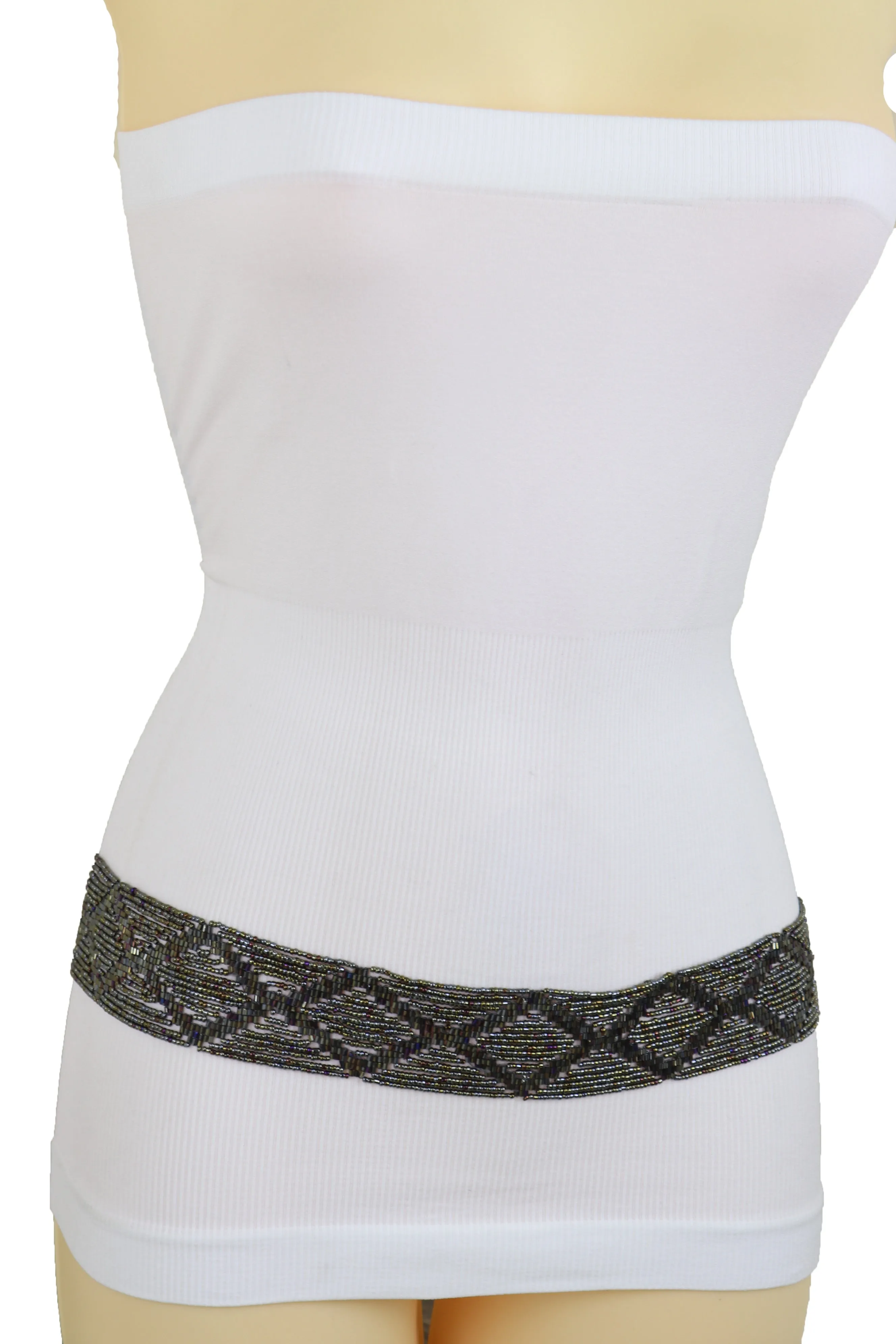High Waist Hip Bronze Green Beads Wrap Around Tie Fashion Belt Size M L