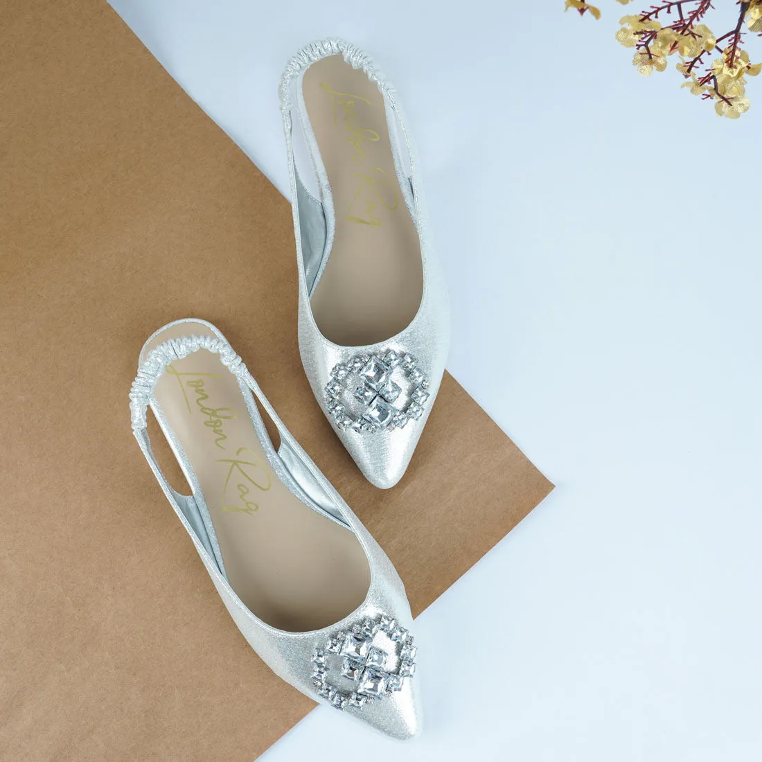 Metallic Diamante flats Mules