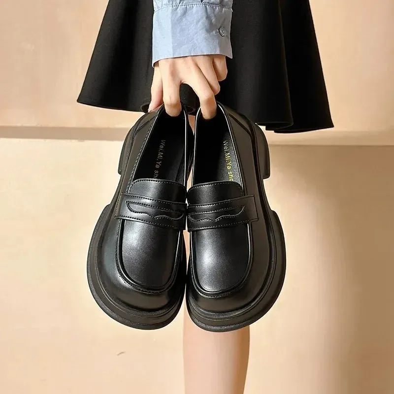 Shallow Mouth Fur Round Toe British Style Platform Autumn Oxfords Loafers